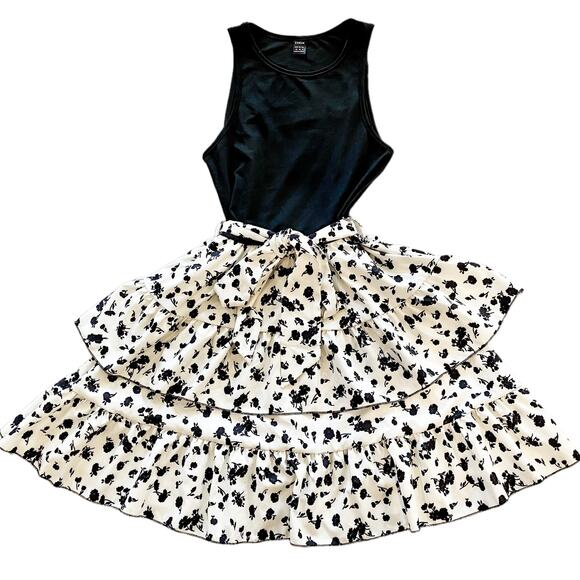 SHEIN Black Cream Floral Layered Belted Dress Womens Size XS NEW - Picture 1 of 9